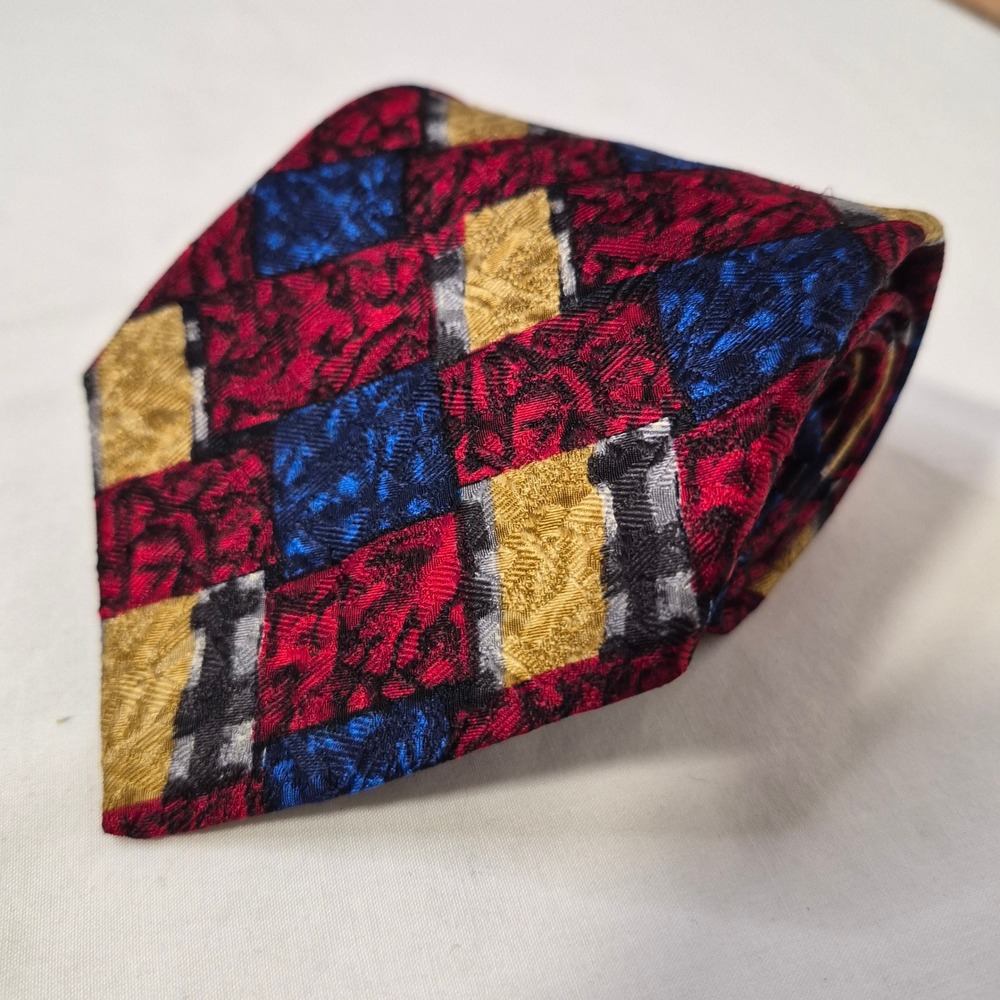 Ermenegildo Zegna Tie Mens Red Blue Geometric Abstract Silk Necktie Italy Office - Picture 9 of 9